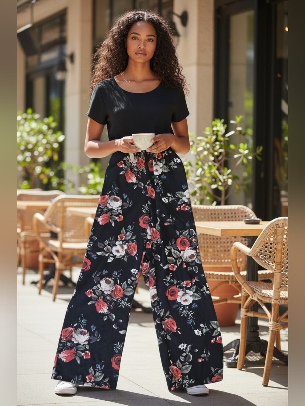 Wishful Park Black Floral Wide-Leg Jumpsuit with Red & Cream Blooms